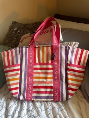 Victoria's Secret Pink and Multicolor Striped Canvas Tote